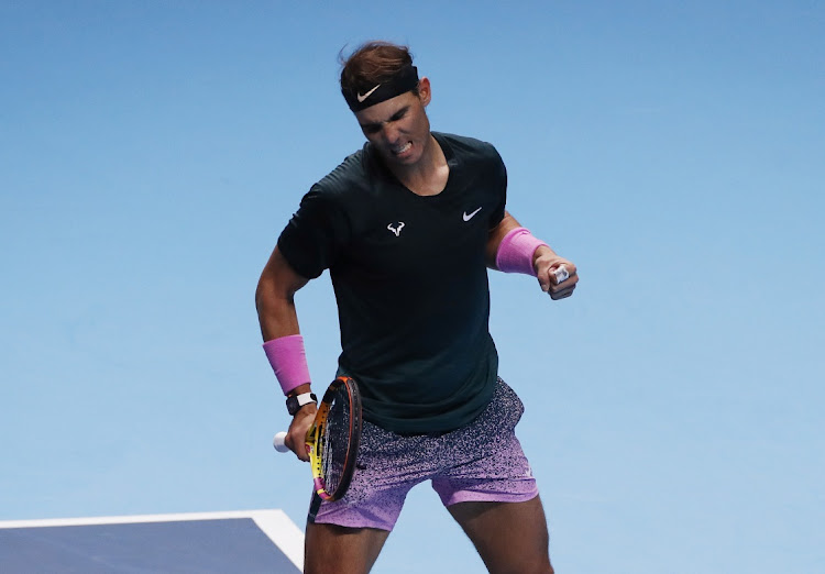 Spain's Rafael Nadal celebrates winning his group stage match against Russia's Andrey Rublev in the ATP Finals at The O2, London, on November 15, 2020