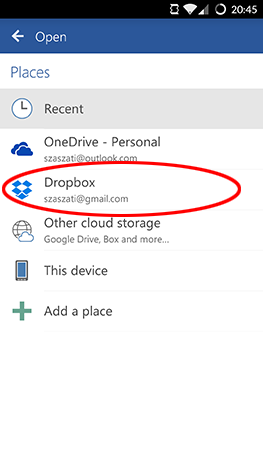 Android, Dropbox, link, connect, Microsoft Office, apps