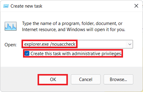 Crea nuova finestra di dialogo attività con il comando per eseguire Esplora file come amministratore.