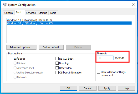 Scegli il timeout per il boot loader