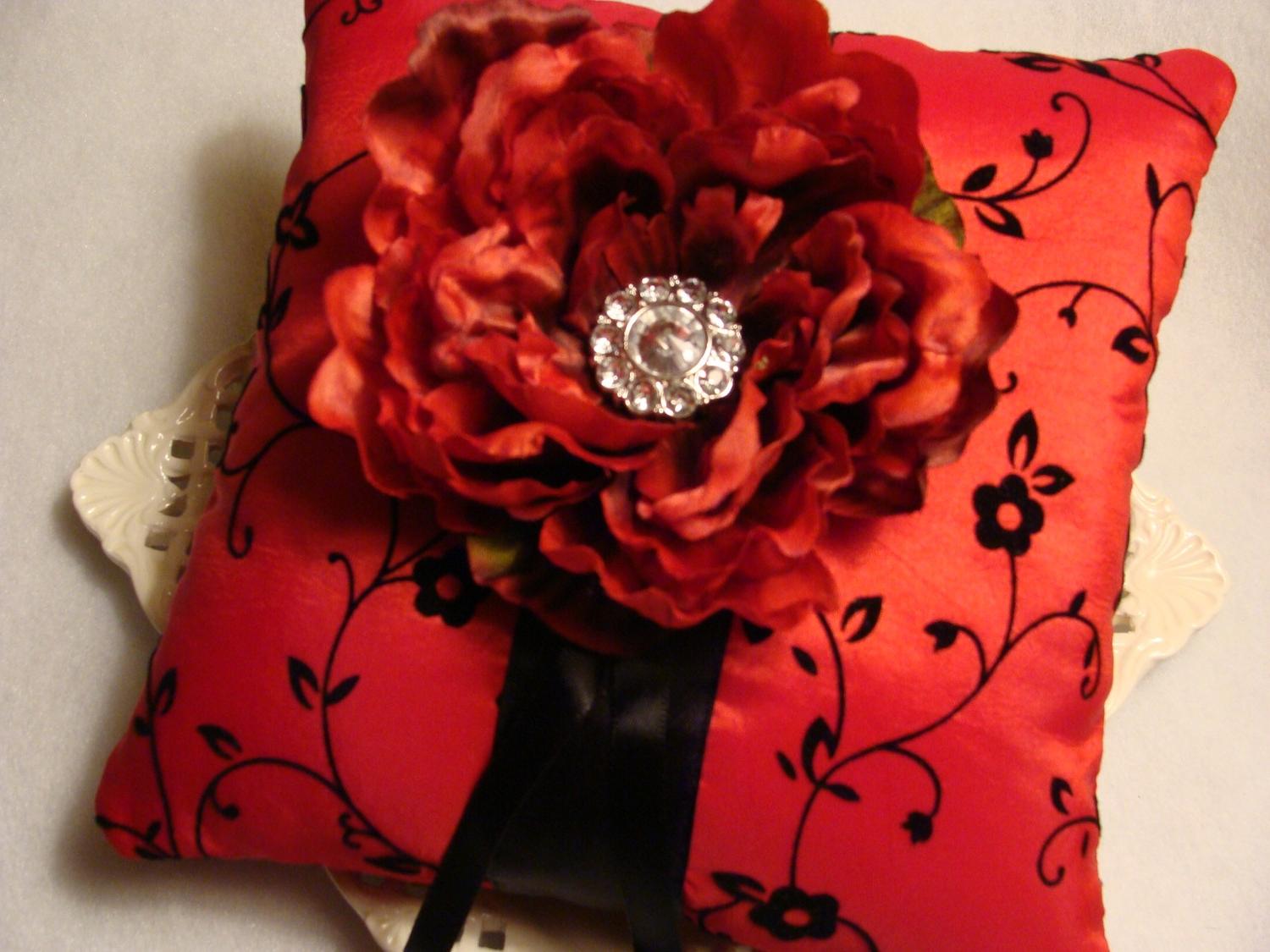 Wedding Ring Bearer Pillow - Red Peony on Red Tafetta with Black Velvet