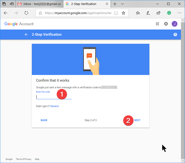 ป้อนรหัสความปลอดภัยสำหรับ Google 2-Step Verification