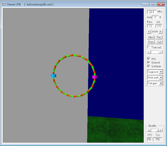 The magnetic loop antenna is positioned in the
                    vertical plane. Tuning capacitor (blue); Feed point
                    (red).