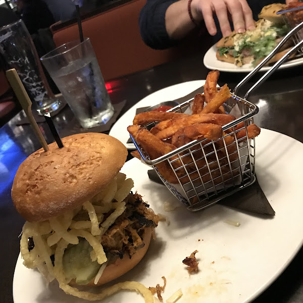 Gluten free/dairy free pulled pork sandwich with sweet potato fries!