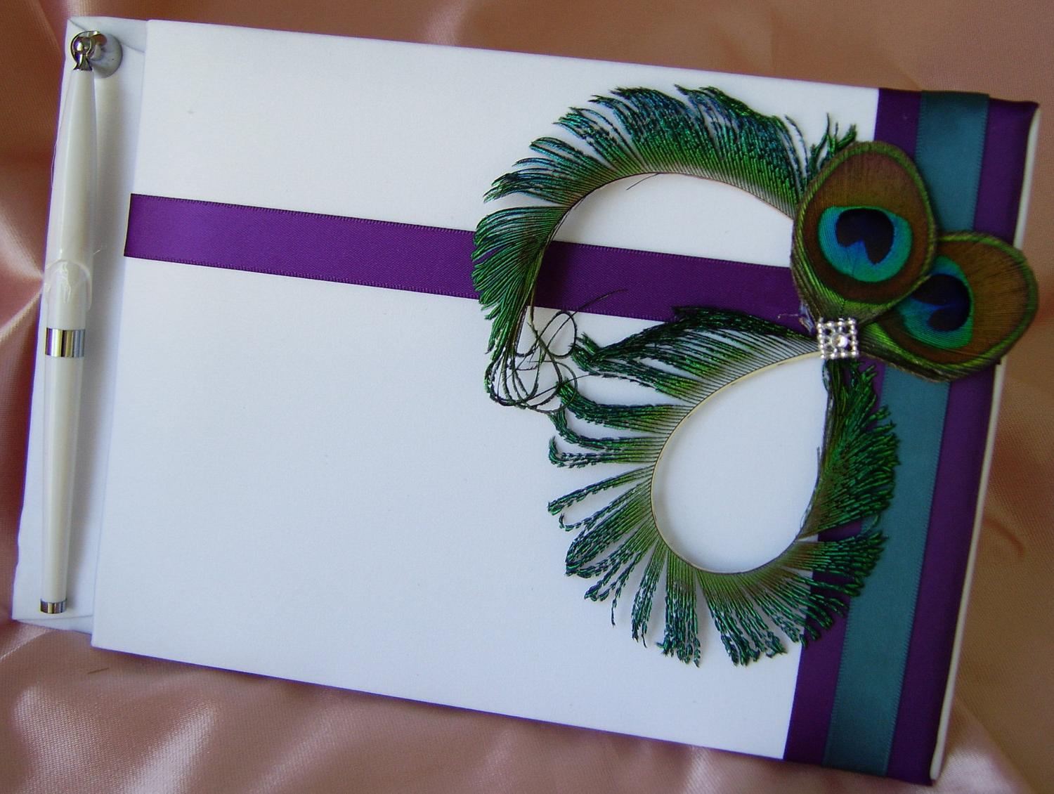 Peacock Feather Wedding Guest Book and pen, Deep purple and teal wedding