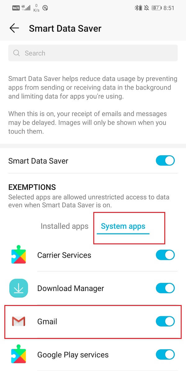 In Esenzioni seleziona App di sistema e cerca Gmail