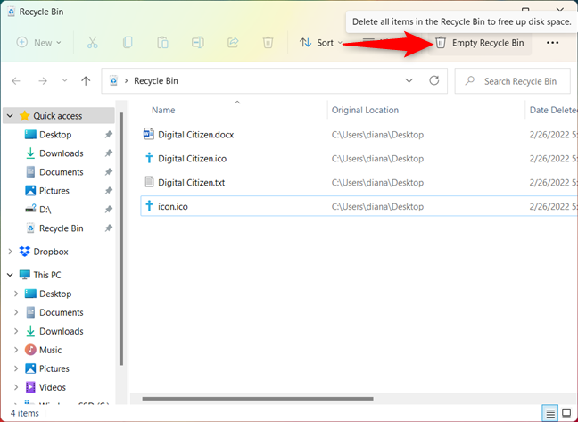 Vaciar papelera de reciclaje en Windows 11