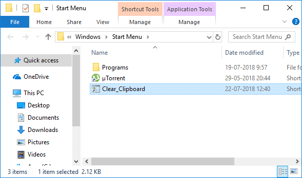 Kopieer en plak de snelkoppeling Clear_Clipboard naar Start Menu Location