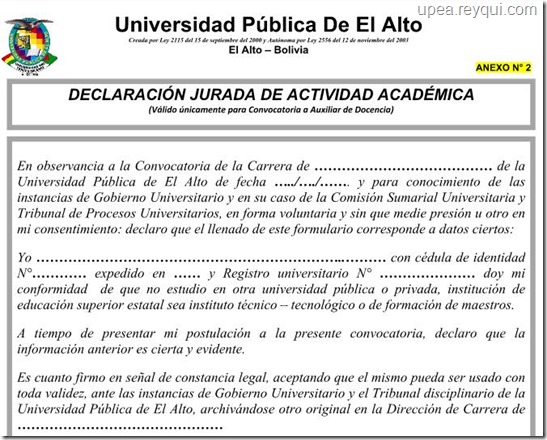 UPEA: Declaración jurada de no estar estudiando en otra universidad pública o privada (Word)