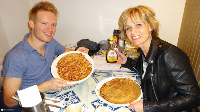 eating a bacon pancake at Pancakes! Amsterdam in Amsterdam, Netherlands 