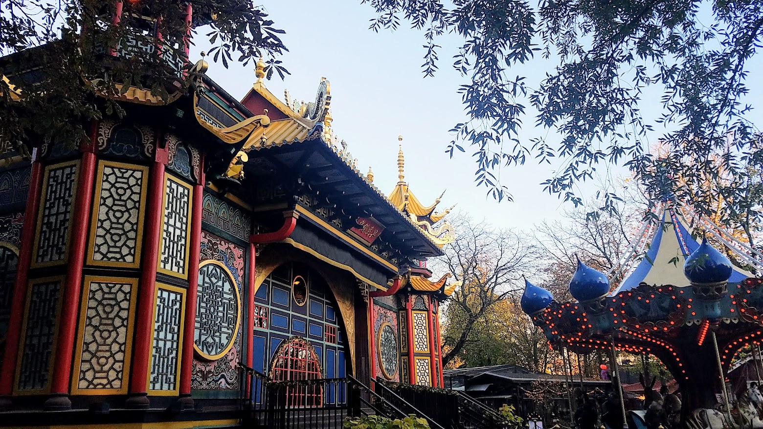 Pantomimeteatret, a Chinese style theater by a carousel / Visiting Tivoli Amusement park during Halloween decoration time, October 2018