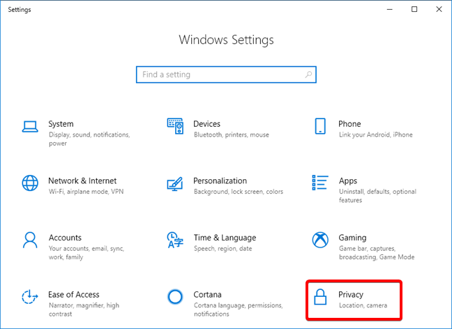 Abra la configuración de privacidad en Windows 10