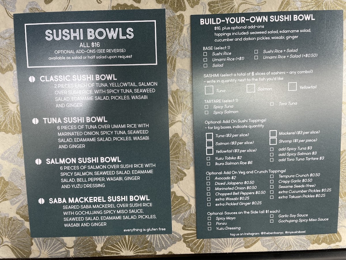 Bentos gluten-free menu