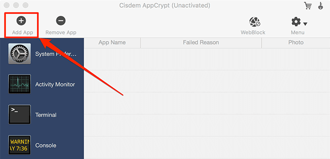 หน้าต่าง AppCrypt ที่ไฮไลต์ปุ่มเพิ่มแอป