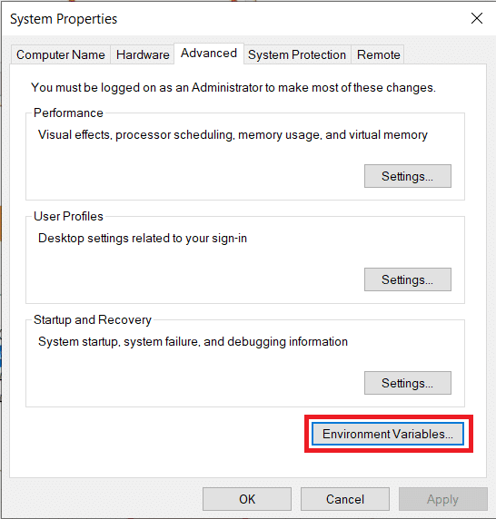 คลิกที่ 'ตัวแปรสภาพแวดล้อม...' ที่ด้านล่างขวาของกล่องโต้ตอบคุณสมบัติระบบขั้นสูง