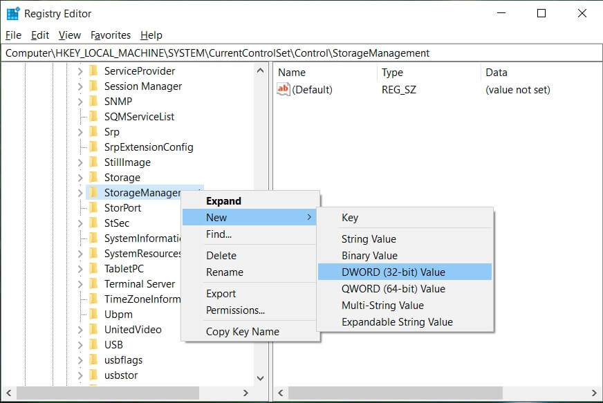 Najděte klíč registru WriteProtect v části StorageManagement