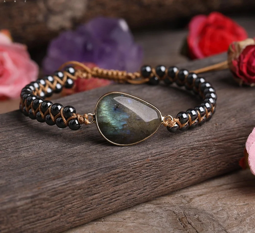 Title 5, Labradoriet dubbel gevlochten bohemian armband ...