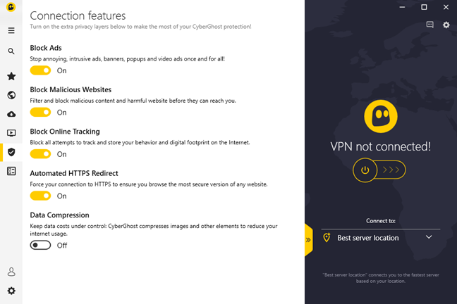 Le funzionalità di connessione disponibili in CyberGhost VPN