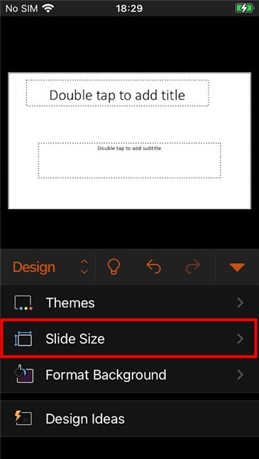 Stiskněte tlačítko PowerPoint Slide Size zobrazené na iPhonu