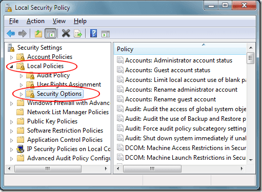 Opzioni di sicurezza dei criteri locali di Windows 7