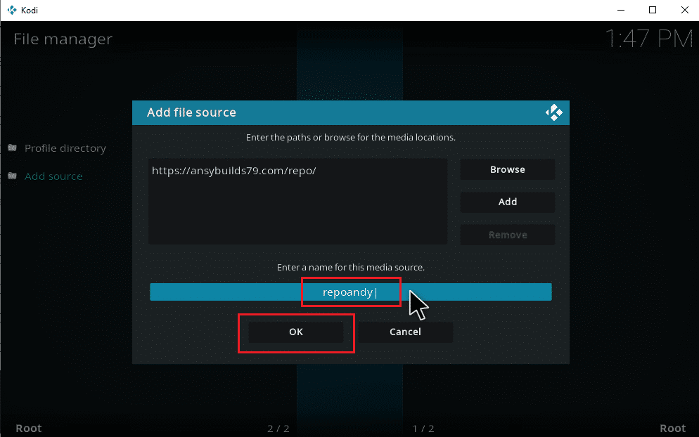 Escriba un nombre para la fuente de medios y haga clic en Aceptar.  Cómo agregar música a Kodi