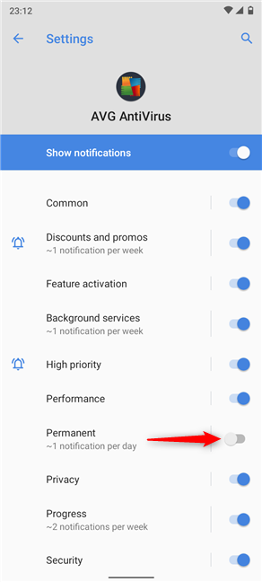 Disabilita l'interruttore per interrompere la visualizzazione della notifica permanente su Android