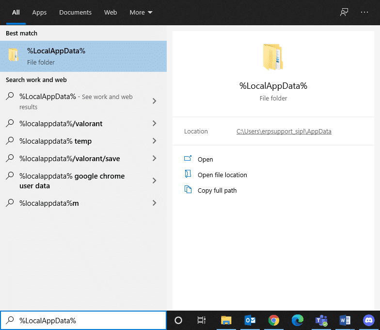 Cliquez à nouveau sur la zone de recherche Windows et tapez %LocalAppData%.