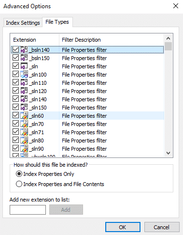 Er verschijnt een vak waarin standaard alle extensies zijn geselecteerd