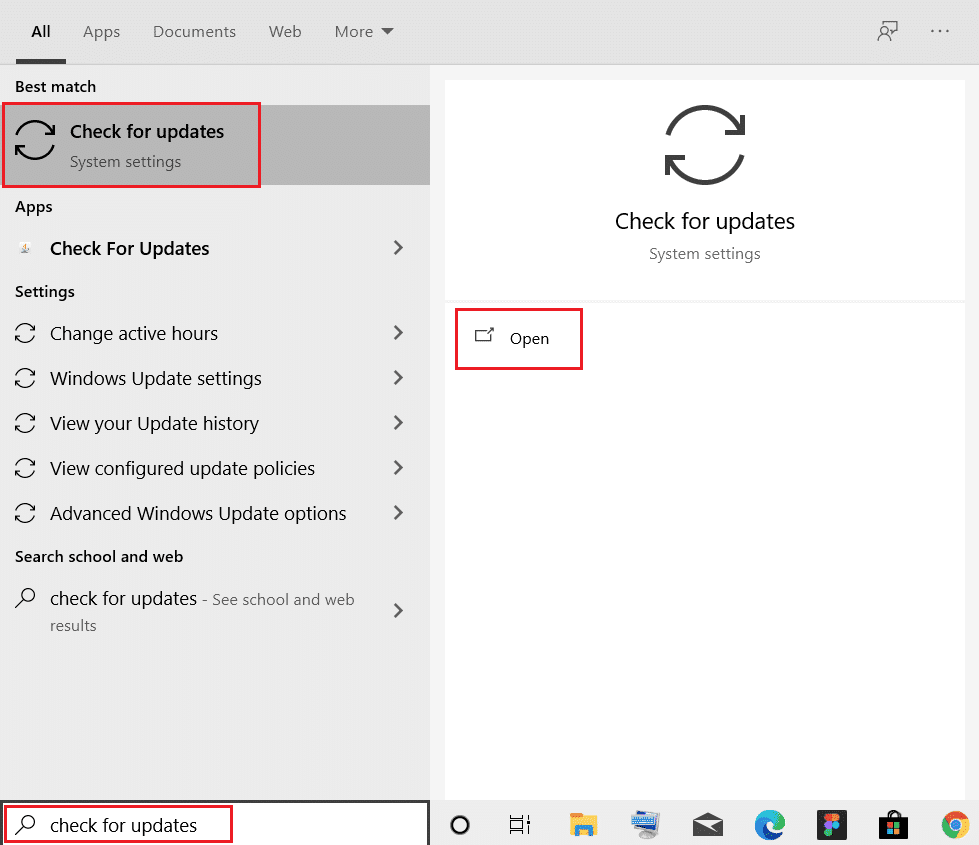 Escriba Buscar actualizaciones en la barra de búsqueda y haga clic en Abrir.  Reparar solicitud de descriptor de dispositivo USB desconocido falló en Windows 10