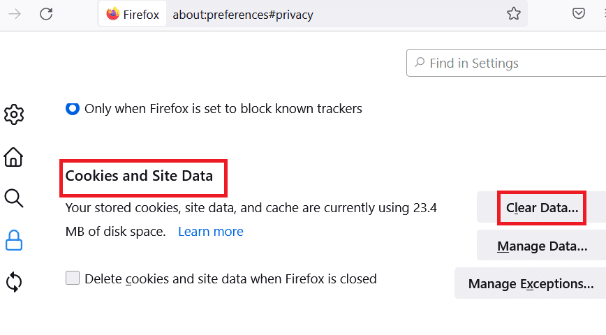 Toque Borrar datos en cookies y datos del sitio