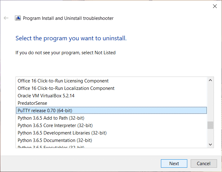 Elija el programa que desea desinstalar en el Solucionador de problemas de instalación y desinstalación de programas