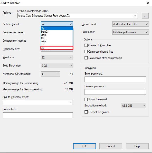 Haga clic en la lista desplegable Formato de archivo y elija zip en el software de cifrado de carpetas.  Cómo cifrar una carpeta en Windows 10