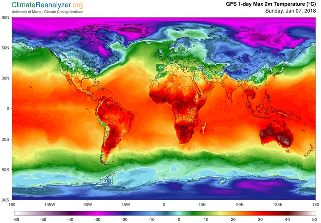 Penrith, NSW, Australia was the world's hottest place on  7 January 2018 (47.3C). But the most above average was the Arctic north of Finland, which really shouldn't be above -- or anywhere near -- 0C at this time of year. Graphic: Andrew B. Watkins / ClimateReanalyzer