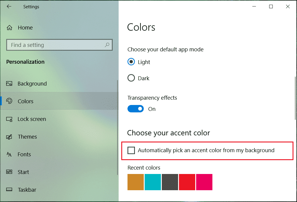 Desmarque Elegir automáticamente un color de acento de mi fondo |  Cambiar el color del menú de inicio, la barra de tareas, el centro de actividades y la barra de título en Windows 10