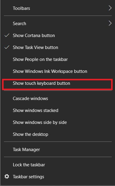 Fare clic sul pulsante Mostra tastiera touch |  Scorciatoia emoji di Windows