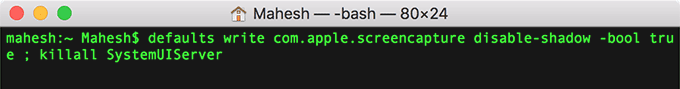 หน้าต่างเทอร์มินัลพร้อมคำสั่ง: ค่าเริ่มต้นเขียน com.apple.screencapture disable-shadow -bool true ;  killall SystemUIServer