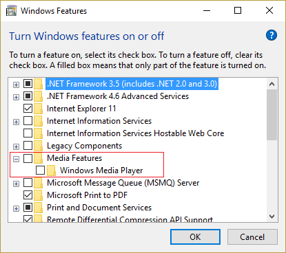 ยกเลิกการเลือก Windows Media Player ภายใต้ Media Features