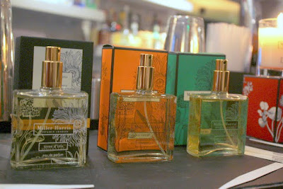 Miller Harris perfume bottles at a wine and fragrance pairing in Clerkenwell London