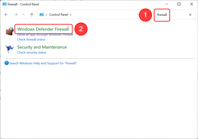 제어판의 검색 상자를 사용하여 Windows Defender 방화벽 페이지를 찾습니다.