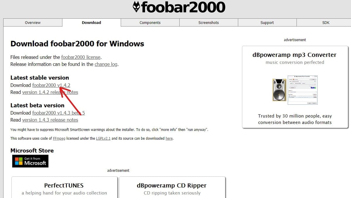 Foobar2000 웹사이트를 방문하여 다운로드를 클릭하십시오.