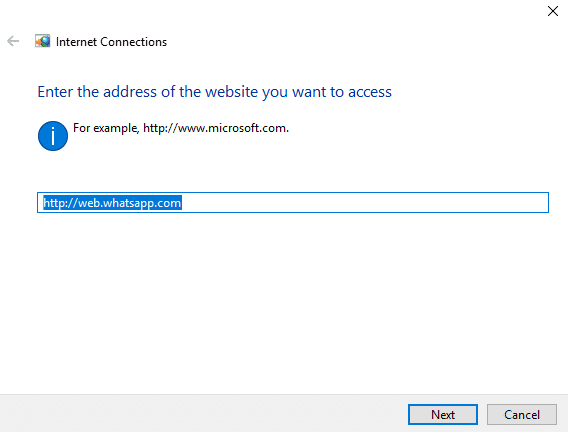Inserisci l'URL web di WhatsApp nella casella di testo indicata |  Fix Impossibile connettersi a WhatsApp Web