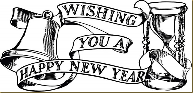 Free Clipart Of A bell hourglass and happy new year banner