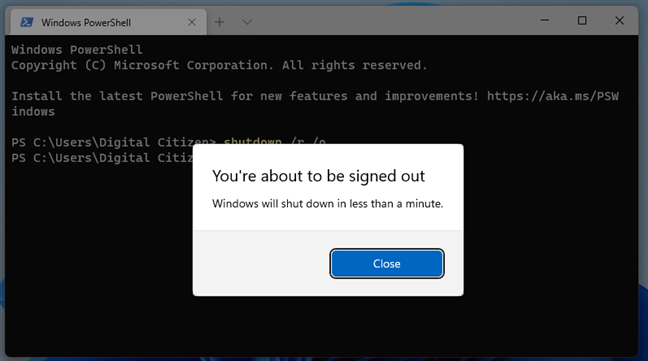 Windows 11 informeert u dat het zal afsluiten