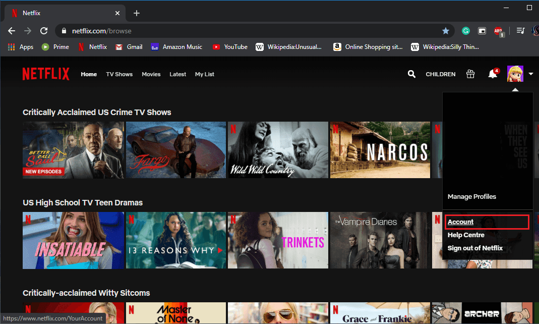 Z menu rozwijanego wybierz „Konto” |  Napraw Nie można połączyć się z błędem Netflix