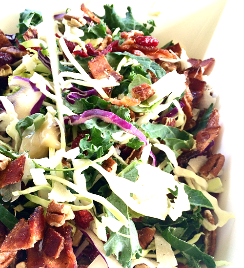 brussels sprout salad with bacon, cranberries, pecans, + fresh parm w/pear vinaigrette