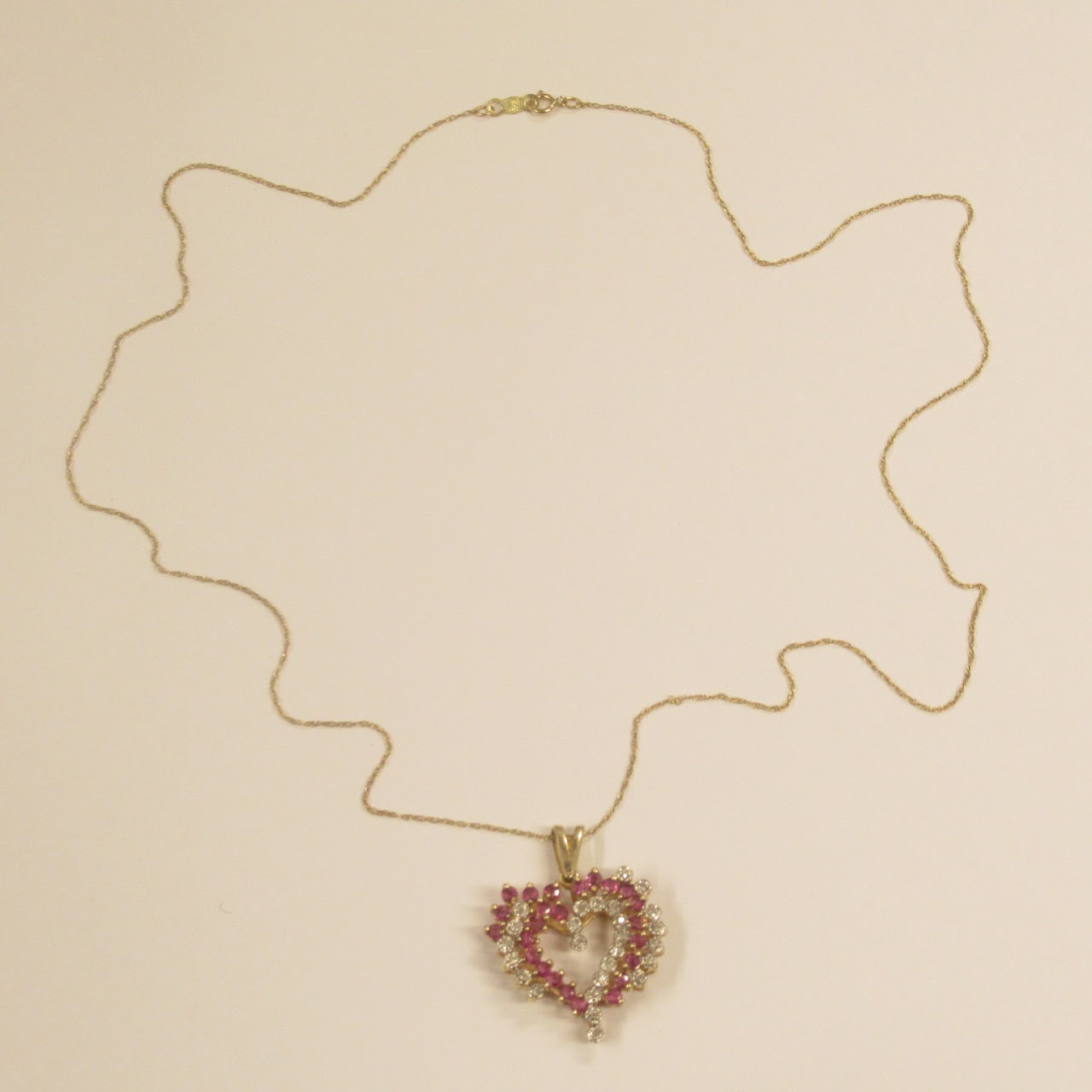 10K Gold, Diamond, and Pink Stone Heart Pendant Necklace