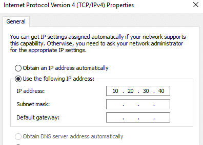 [IPv4プロパティ]ウィンドウのチェックマークで次のIPアドレスを使用します