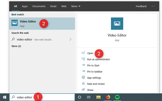 Ouverture de Video Editor avec la recherche à partir de Windows 10