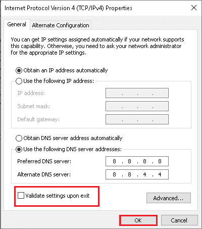 [終了時に設定を検証する]を選択し、[OK]をクリックします。 接続できないApexレジェンドを修正する方法