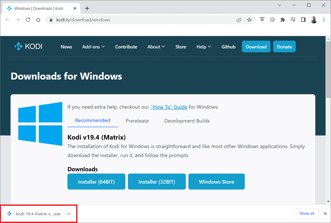 Klik op het gedownloade installatiebestand onderaan het venster.  Fix Kodi Ares Wizard werkt niet